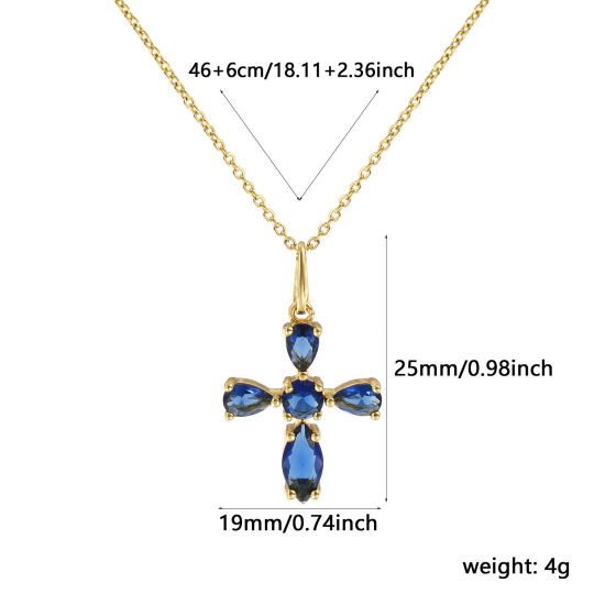 Immagine di 18K Vero Oro Placcato Catena a Cavo Croce Collana con Ciondolo, Ottone 46cm + 6cm, Per Donne, Blu Notte Strass Retrò Religione Regalo, Ecologico, 1 Pz