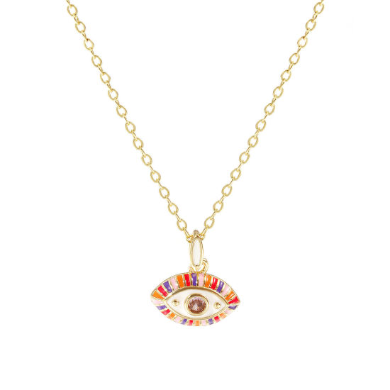 Immagine di 18K Real Gold Plated Link Cable Chain Eye Pendant Charm Necklace, Brass 46cm(18.1") + 6cm(2.4"), For Women, Pink Cubic Zirconia Multicolor Enamel Retro Exquisite Gift, Eco-friendly, 1 Piece