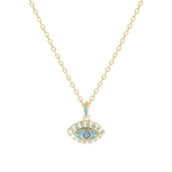 Immagine di 18K Real Gold Plated Link Cable Chain Eye Pendant Charm Necklace, Brass 46cm(18.1") + 6cm(2.4"), For Women, Blue Cubic Zirconia Blue Enamel Retro Exquisite Gift, Eco-friendly, 1 Piece