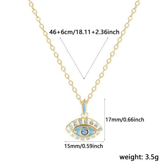 Immagine di 18K Real Gold Plated Link Cable Chain Eye Pendant Charm Necklace, Brass 46cm(18.1") + 6cm(2.4"), For Women, Blue Cubic Zirconia Blue Enamel Retro Exquisite Gift, Eco-friendly, 1 Piece