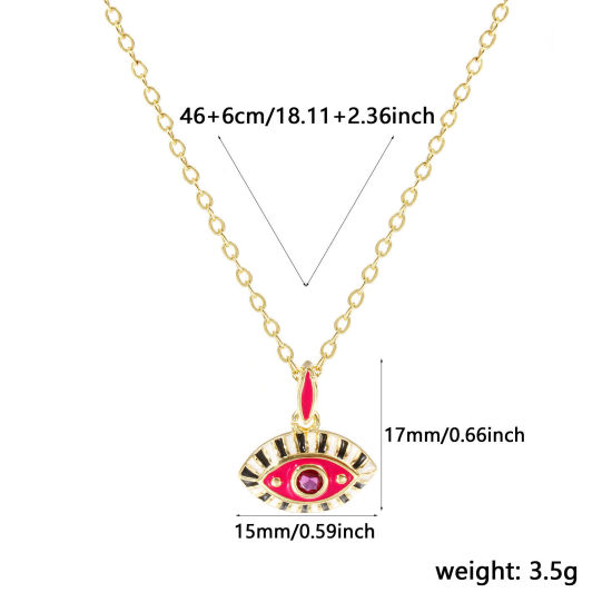 Immagine di 18K Real Gold Plated Link Cable Chain Eye Pendant Charm Necklace, Brass 46cm(18.1") + 6cm(2.4"), For Women, Wine Red Cubic Zirconia Fuchsia Enamel Retro Exquisite Gift, Eco-friendly, 1 Piece