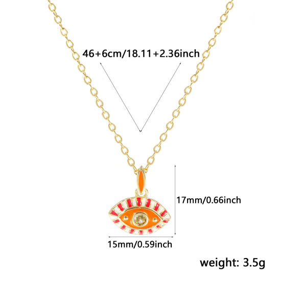 Immagine di 18K Real Gold Plated Link Cable Chain Eye Pendant Charm Necklace, Brass 46cm(18.1") + 6cm(2.4"), For Women, Pale Yellow Cubic Zirconia Orange Enamel Retro Exquisite Gift, Eco-friendly, 1 Piece