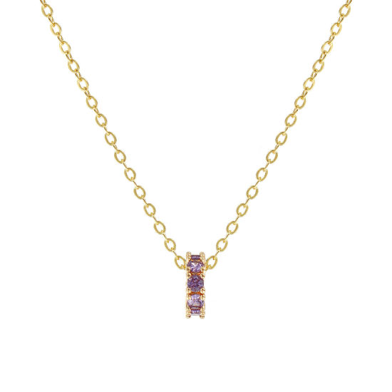 Bild von 18K Real Gold Plated Link Cable Chain Circle Ring Pendant Charm Necklace, Brass 46cm(18.1") + 6cm(2.4"), For Women, Purple Cubic Zirconia February Dainty Birthstone Gift, Eco-friendly, 1 Piece