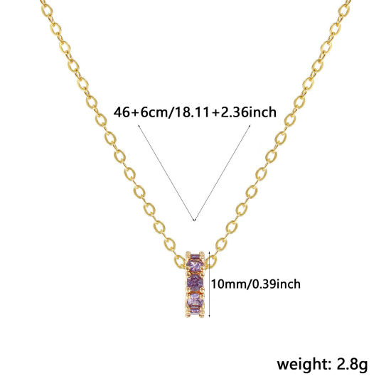 Bild von 18K Real Gold Plated Link Cable Chain Circle Ring Pendant Charm Necklace, Brass 46cm(18.1") + 6cm(2.4"), For Women, Purple Cubic Zirconia February Dainty Birthstone Gift, Eco-friendly, 1 Piece