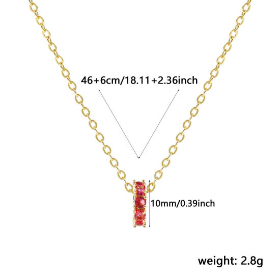 Bild von 18K Real Gold Plated Link Cable Chain Circle Ring Pendant Charm Necklace, Brass 46cm(18.1") + 6cm(2.4"), For Women, Fuchsia Cubic Zirconia July Dainty Birthstone Gift, Eco-friendly, 1 Piece