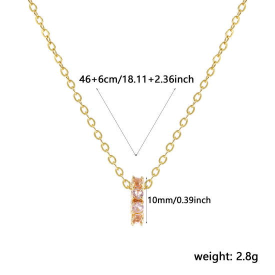 Bild von 18K Real Gold Plated Link Cable Chain Circle Ring Pendant Charm Necklace, Brass 46cm(18.1") + 6cm(2.4"), For Women, Light Pink Cubic Zirconia October Dainty Birthstone Gift, Eco-friendly, 1 Piece