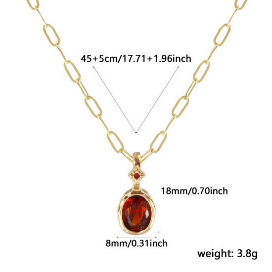 Immagine di 18K Real Gold Plated Paperclip Link Chain Oval Pendant Charm Necklace, Brass 45cm(17.7") + 5cm(2"), For Women, Wine Red Cubic Zirconia January Dainty Birthstone Gift, Eco-friendly, 1 Piece