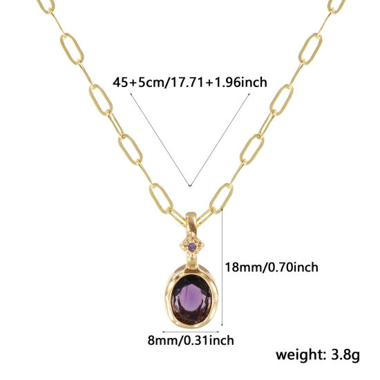 Immagine di 18K Real Gold Plated Paperclip Link Chain Oval Pendant Charm Necklace, Brass 45cm(17.7") + 5cm(2"), For Women, Purple Cubic Zirconia February Dainty Birthstone Gift, Eco-friendly, 1 Piece