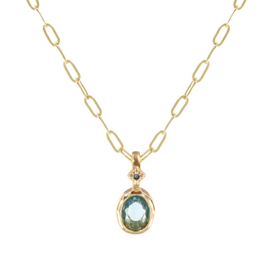Immagine di 18K Real Gold Plated Paperclip Link Chain Oval Pendant Charm Necklace, Brass 45cm(17.7") + 5cm(2"), For Women, Aqua Blue Cubic Zirconia March Dainty Birthstone Gift, Eco-friendly, 1 Piece