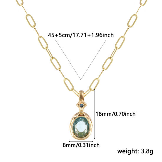 Immagine di 18K Real Gold Plated Paperclip Link Chain Oval Pendant Charm Necklace, Brass 45cm(17.7") + 5cm(2"), For Women, Aqua Blue Cubic Zirconia March Dainty Birthstone Gift, Eco-friendly, 1 Piece