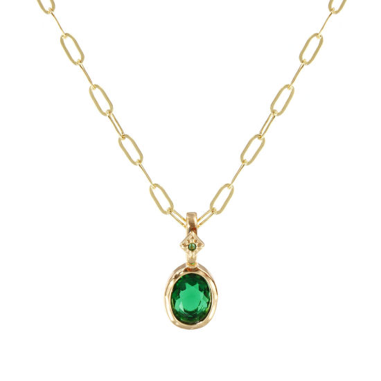 Immagine di 18K Real Gold Plated Paperclip Link Chain Oval Pendant Charm Necklace, Brass 45cm(17.7") + 5cm(2"), For Women, Emerald Cubic Zirconia May Dainty Birthstone Gift, Eco-friendly, 1 Piece