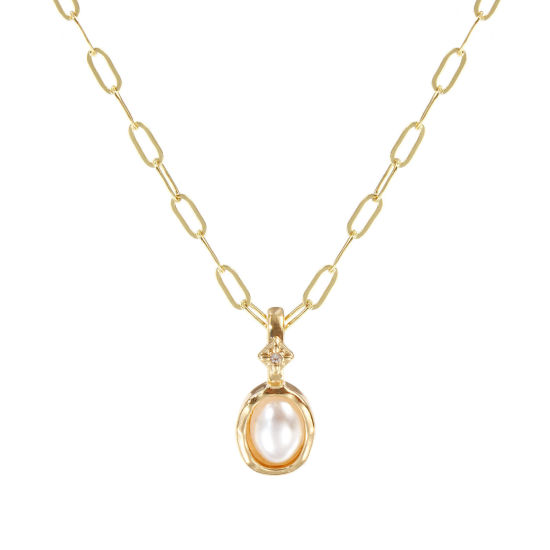 Immagine di 18K Real Gold Plated Paperclip Link Chain Oval Pendant Charm Necklace, Brass 45cm(17.7") + 5cm(2"), For Women, June White Imitation Pearl, Dainty Birthstone Gift, Eco-friendly, 1 Piece