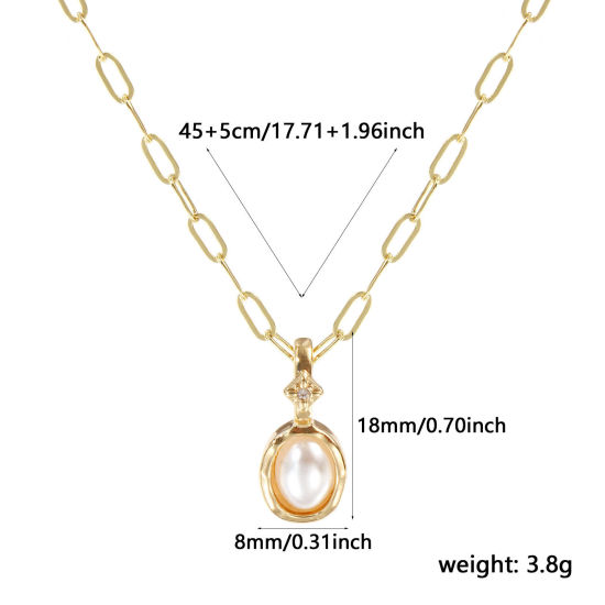 Immagine di 18K Real Gold Plated Paperclip Link Chain Oval Pendant Charm Necklace, Brass 45cm(17.7") + 5cm(2"), For Women, June White Imitation Pearl, Dainty Birthstone Gift, Eco-friendly, 1 Piece