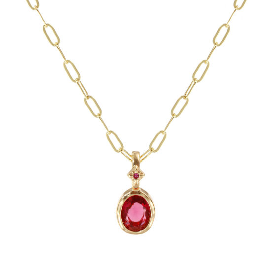 Immagine di 18K Real Gold Plated Paperclip Link Chain Oval Pendant Charm Necklace, Brass 45cm(17.7") + 5cm(2"), For Women, Fuchsia Cubic Zirconia July Dainty Birthstone Gift, Eco-friendly, 1 Piece