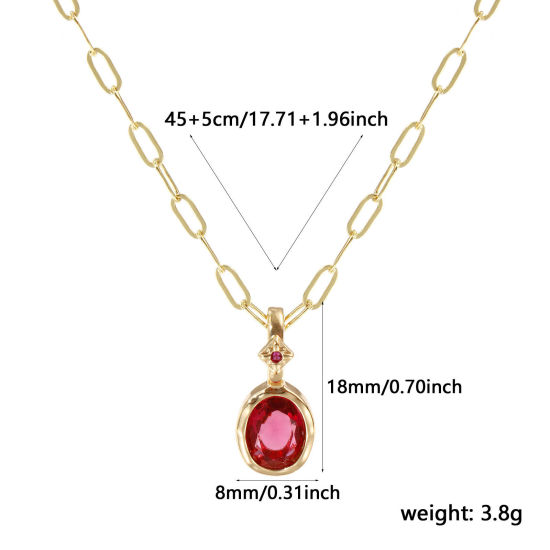 Immagine di 18K Real Gold Plated Paperclip Link Chain Oval Pendant Charm Necklace, Brass 45cm(17.7") + 5cm(2"), For Women, Fuchsia Cubic Zirconia July Dainty Birthstone Gift, Eco-friendly, 1 Piece
