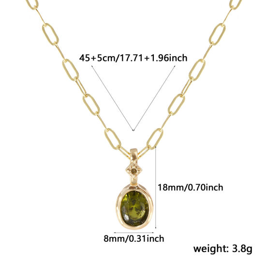 Immagine di 18K Real Gold Plated Paperclip Link Chain Oval Pendant Charm Necklace, Brass 45cm(17.7") + 5cm(2"), For Women, Olive Green Cubic Zirconia August Dainty Birthstone Gift, Eco-friendly, 1 Piece