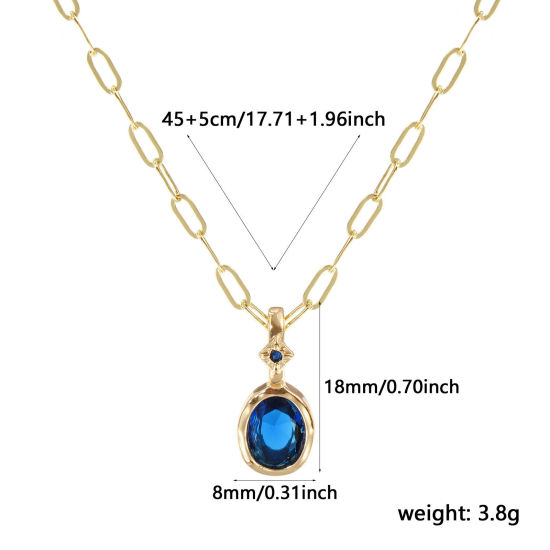 Immagine di 18K Real Gold Plated Paperclip Link Chain Oval Pendant Charm Necklace, Brass 45cm(17.7") + 5cm(2"), For Women, Royal Blue Cubic Zirconia September Dainty Birthstone Gift, Eco-friendly, 1 Piece