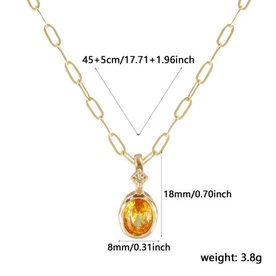 Immagine di 18K Real Gold Plated Paperclip Link Chain Oval Pendant Charm Necklace, Brass 45cm(17.7") + 5cm(2"), For Women, Yellow Cubic Zirconia November Dainty Birthstone Gift, Eco-friendly, 1 Piece