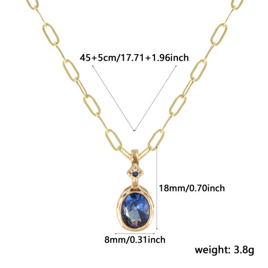Immagine di 18K Real Gold Plated Paperclip Link Chain Oval Pendant Charm Necklace, Brass 45cm(17.7") + 5cm(2"), For Women, Blue Cubic Zirconia December Dainty Birthstone Gift, Eco-friendly, 1 Piece