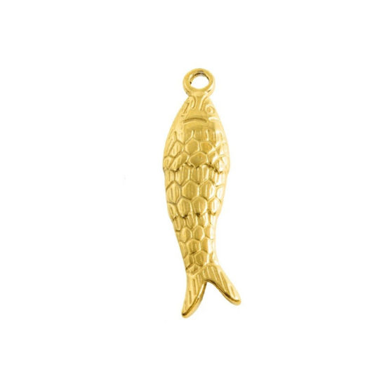 Immagine di 2 Pz Placcatura Sottovuoto PVD Ecologica 304 Acciaio Inossidabile Gioielli Oceanici Ciondoli Pendenti Placcato Oro 18K Pesce 3D 4.4cm x 1.1cm