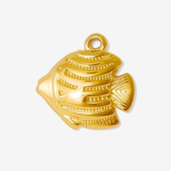 Immagine di 2 Pz Placcatura Sottovuoto PVD Ecologica 304 Acciaio Inossidabile Gioielli Oceanici Ciondoli Placcato Oro 18K Pesci tropicali 3D 18mm x 17mm