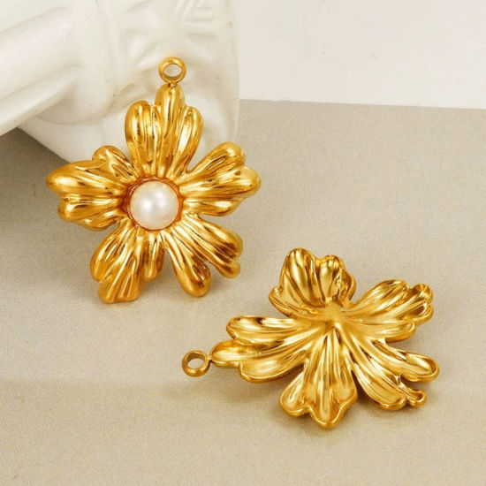 Immagine di 1 Pz Placcatura Sottovuoto PVD Ecologica Acciaio Inossidabile 304 & Perla Naturale Ciondoli Placcato Oro 18K Bianco Fiore 26mm x 23mm