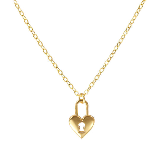 Immagine di 18K Vero Oro Placcato Catena a Cavo Serratura Collana con Ciondolo, Ottone 46cm + 6cm, Per Donne, Filigrana, Elegante San Valentino Regalo, Ecologico, 1 Pz