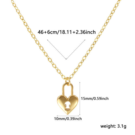 Immagine di 18K Vero Oro Placcato Catena a Cavo Serratura Collana con Ciondolo, Ottone 46cm + 6cm, Per Donne, Filigrana, Elegante San Valentino Regalo, Ecologico, 1 Pz