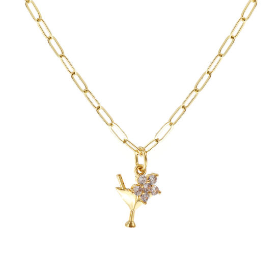 Immagine di 18K Vero Oro Placcato Catena a Graffetta Bicchiere da vino Collana con Ciondolo, Ottone 45cm + 5cm, Per Donne, Trasparente Cubic Zirconiae Fiore Micro Spianare, Elegante Squisito Regalo, Ecologico, 1 Pz