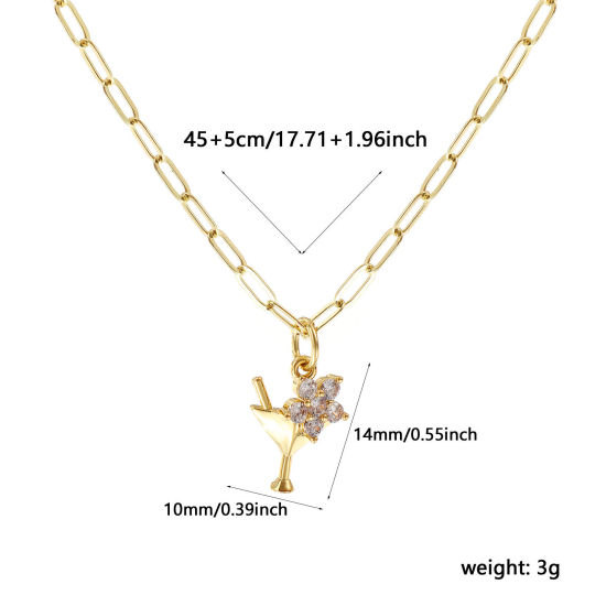 Immagine di 18K Vero Oro Placcato Catena a Graffetta Bicchiere da vino Collana con Ciondolo, Ottone 45cm + 5cm, Per Donne, Trasparente Cubic Zirconiae Fiore Micro Spianare, Elegante Squisito Regalo, Ecologico, 1 Pz