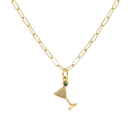 Immagine di 18K Vero Oro Placcato Catena a Graffetta Bicchiere da vino Collana con Ciondolo, Ottone 45cm + 5cm, Per Donne, Verde Cubic Zirconiae Micro Spianare, Elegante Squisito Regalo, Ecologico, 1 Pz