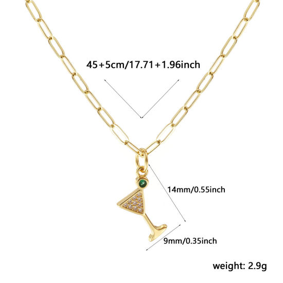Immagine di 18K Vero Oro Placcato Catena a Graffetta Bicchiere da vino Collana con Ciondolo, Ottone 45cm + 5cm, Per Donne, Verde Cubic Zirconiae Micro Spianare, Elegante Squisito Regalo, Ecologico, 1 Pz