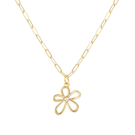 Picture of 18K Real Gold Plated Paperclip Link Chain Flower Pendant Charm Necklace, Brass 45cm(17.7") + 5cm(2"), For Women, Clear Cubic Zirconia Hollow, Stylish Exquisite Gift, Eco-friendly, 1 Piece