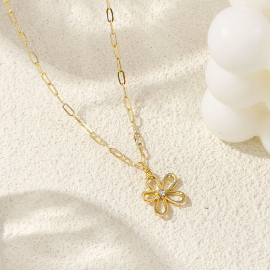 Immagine di 18K Vero Oro Placcato Catena a Graffetta Fiore Collana con Ciondolo, Ottone 45cm + 5cm, Per Donne, Trasparente Cubic Zirconiae Filigrana, Elegante Squisito Regalo, Ecologico, 1 Pz