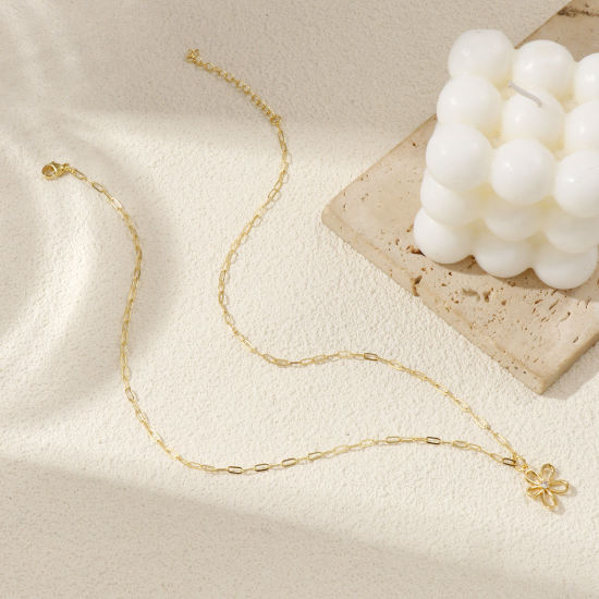 Immagine di 18K Vero Oro Placcato Catena a Graffetta Fiore Collana con Ciondolo, Ottone 45cm + 5cm, Per Donne, Trasparente Cubic Zirconiae Filigrana, Elegante Squisito Regalo, Ecologico, 1 Pz