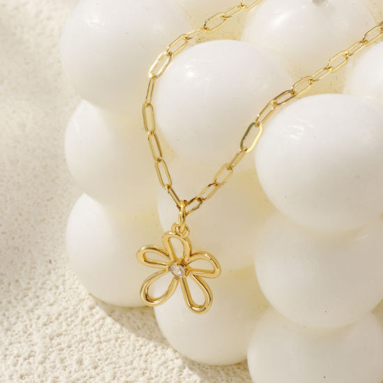 Immagine di 18K Vero Oro Placcato Catena a Graffetta Fiore Collana con Ciondolo, Ottone 45cm + 5cm, Per Donne, Trasparente Cubic Zirconiae Filigrana, Elegante Squisito Regalo, Ecologico, 1 Pz