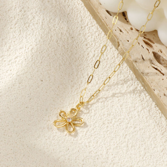 Immagine di 18K Vero Oro Placcato Catena a Graffetta Fiore Collana con Ciondolo, Ottone 45cm + 5cm, Per Donne, Trasparente Cubic Zirconiae Filigrana, Elegante Squisito Regalo, Ecologico, 1 Pz