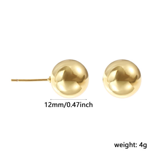 1 ペア エコフレンドリー ミニマリスト 素敵 18Kリアルゴールドメッキ 真鍮 ボール イヤリング 女性のため プレゼント 12mm直径、 ポスト/ワイヤサイズ： 0.8mm（20号）、 の画像