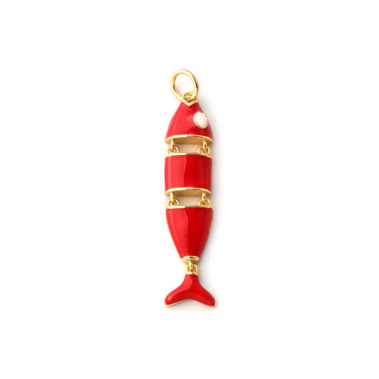 Immagine di 1 Pz Ecologico Ottone Gioielli Oceanici Ciondoli Pendenti 18K Vero Oro Placcato Rosso Smalto Pesce Mobile 3.6cm x 0.7cm