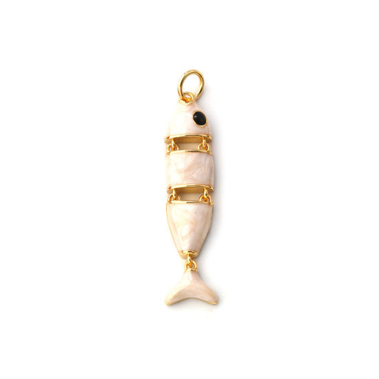 Immagine di 1 Pz Ecologico Ottone Gioielli Oceanici Ciondoli Pendenti 18K Vero Oro Placcato Bianco Sporco Smalto Pesce Mobile 3.6cm x 0.7cm