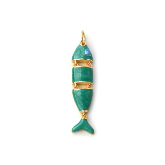 Immagine di 1 Pz Ecologico Ottone Gioielli Oceanici Ciondoli Pendenti 18K Vero Oro Placcato Verde Smalto Pesce Mobile 3.6cm x 0.7cm