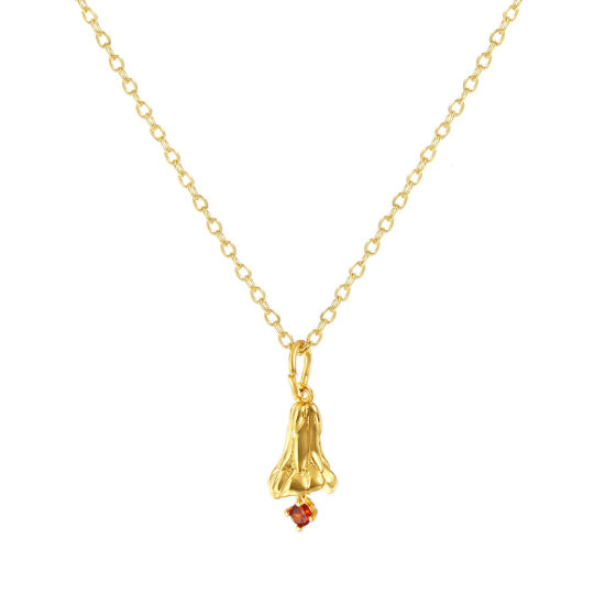 Bild von 18K Real Gold Plated Link Cable Chain Snowdrop Flower Pendant Charm Necklace, Brass 46cm(18.1") + 6cm(2.4"), For Women, Wine Red Cubic Zirconia January Birthstone Elegant Gift, Eco-friendly, 1 Piece