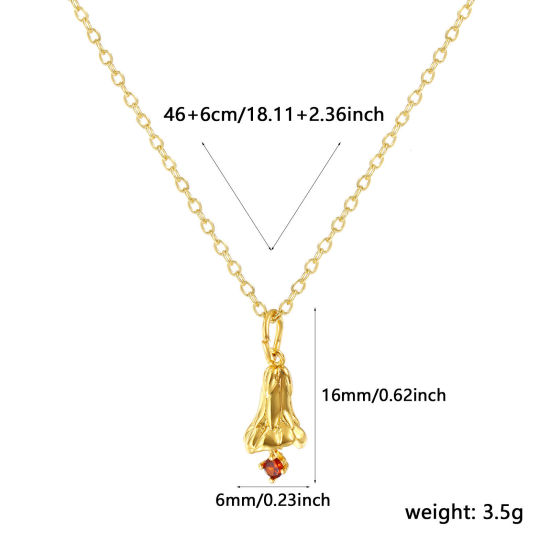 Bild von 18K Real Gold Plated Link Cable Chain Snowdrop Flower Pendant Charm Necklace, Brass 46cm(18.1") + 6cm(2.4"), For Women, Wine Red Cubic Zirconia January Birthstone Elegant Gift, Eco-friendly, 1 Piece