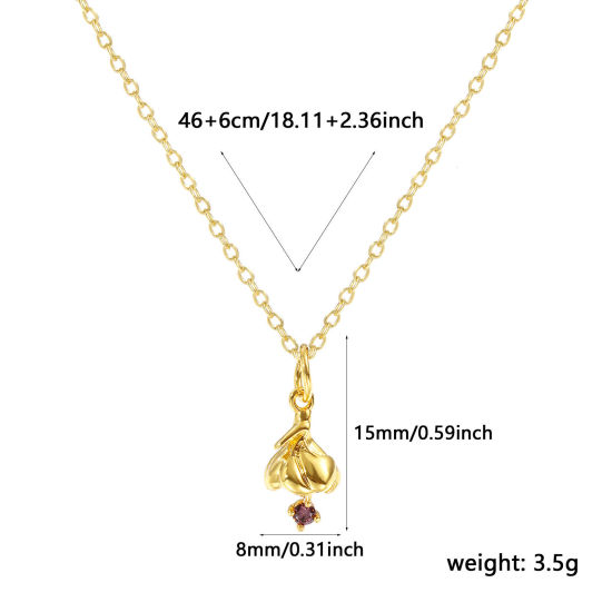 Bild von 18K Real Gold Plated Link Cable Chain Violet Flower Pendant Charm Necklace, Brass 46cm(18.1") + 6cm(2.4"), For Women, Purple Cubic Zirconia February Birthstone Elegant Gift, Eco-friendly, 1 Piece