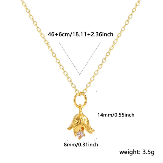 Bild von 18K Real Gold Plated Link Cable Chain Poinsettia Flower Pendant Charm Necklace, Brass 46cm(18.1") + 6cm(2.4"), For Women, Clear Cubic Zirconia December Birthstone Elegant Gift, Eco-friendly, 1 Piece