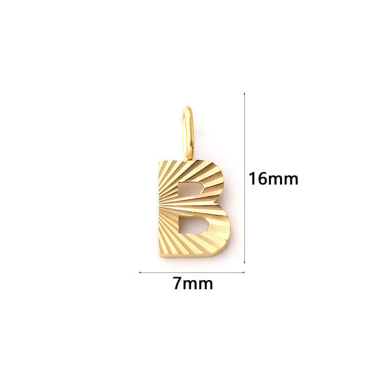 Picture of 2 PCs Eco-friendly PVD Vacuum Plating 304 Stainless Steel Capital Alphabet Initial Letter Name Charms 18K Real Gold Plated Stripe Message " B " 16mm x 7mm