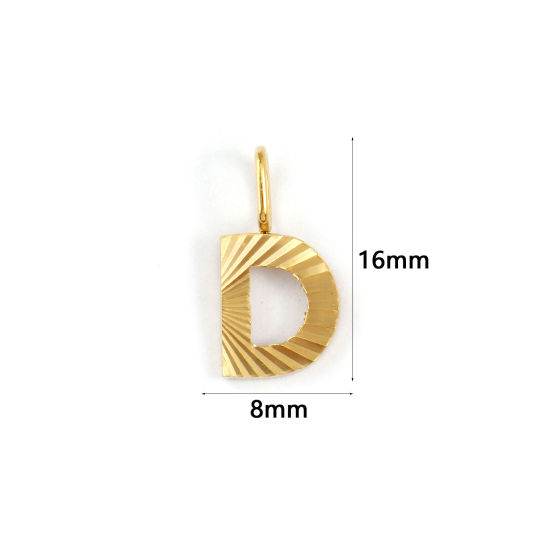 Picture of 2 PCs Eco-friendly PVD Vacuum Plating 304 Stainless Steel Capital Alphabet Initial Letter Name Charms 18K Real Gold Plated Stripe Message " D " 16mm x 8mm