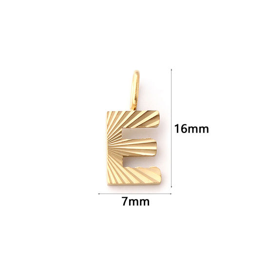 Picture of 2 PCs Eco-friendly PVD Vacuum Plating 304 Stainless Steel Capital Alphabet Initial Letter Name Charms 18K Real Gold Plated Stripe Message " E " 16mm x 7mm