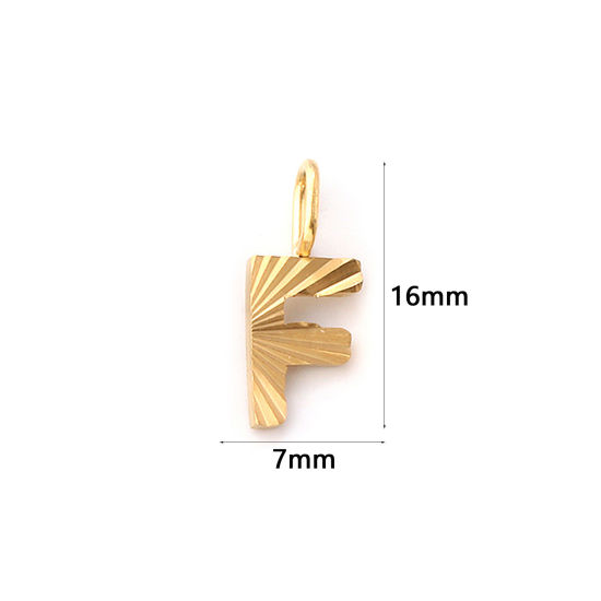 Picture of 2 PCs Eco-friendly PVD Vacuum Plating 304 Stainless Steel Capital Alphabet Initial Letter Name Charms 18K Real Gold Plated Stripe Message " F " 16mm x 7mm