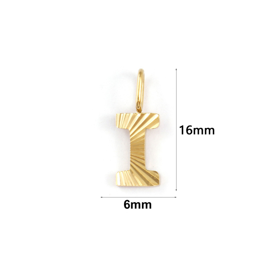Picture of 2 PCs Eco-friendly PVD Vacuum Plating 304 Stainless Steel Capital Alphabet Initial Letter Name Charms 18K Real Gold Plated Stripe Message " I " 16mm x 6mm